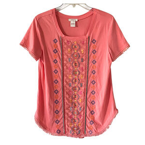 SUNDANCE Size Small Peach Beaded Embroidered Cotton Pullover Short Sleeve Top